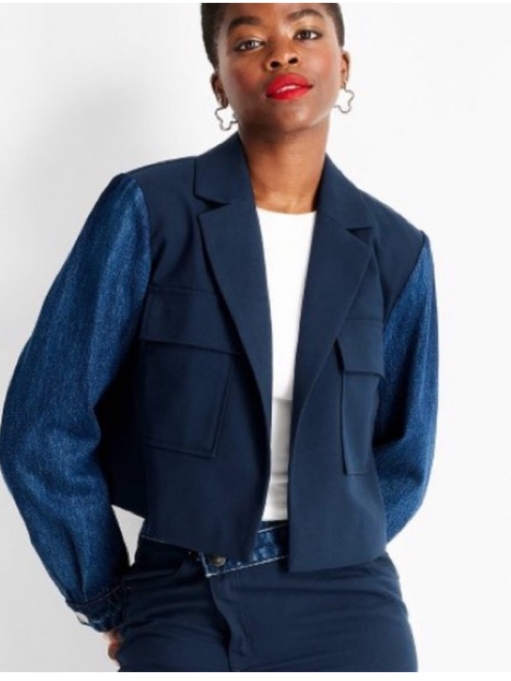 Cropped Navy Mixed-Material Blazer Jacket
